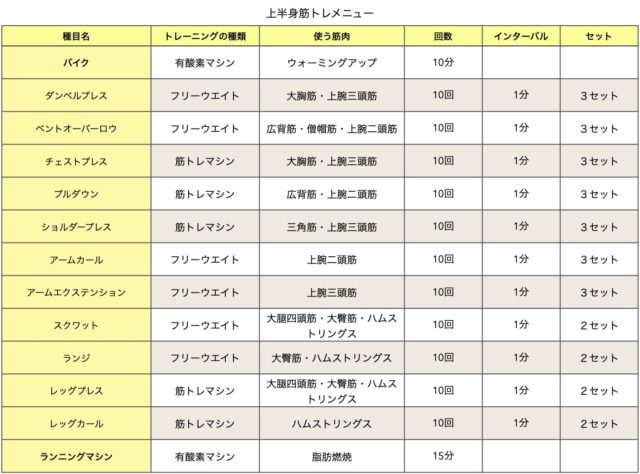 上半身中心の全身メニュー例